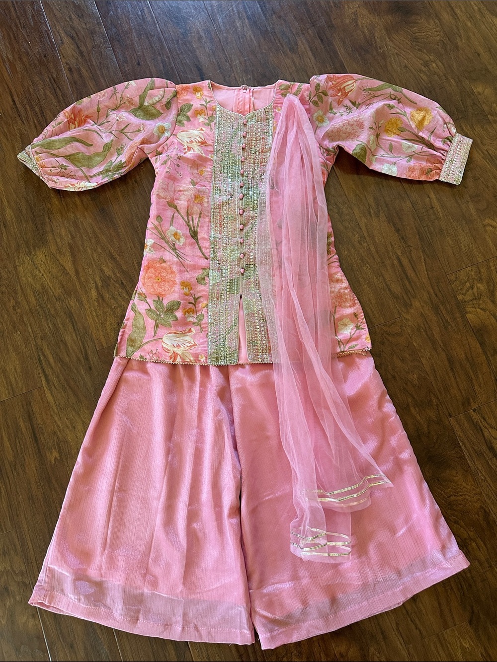 Girls Pink Floral Embroidered Pajama Set with Dupatta
